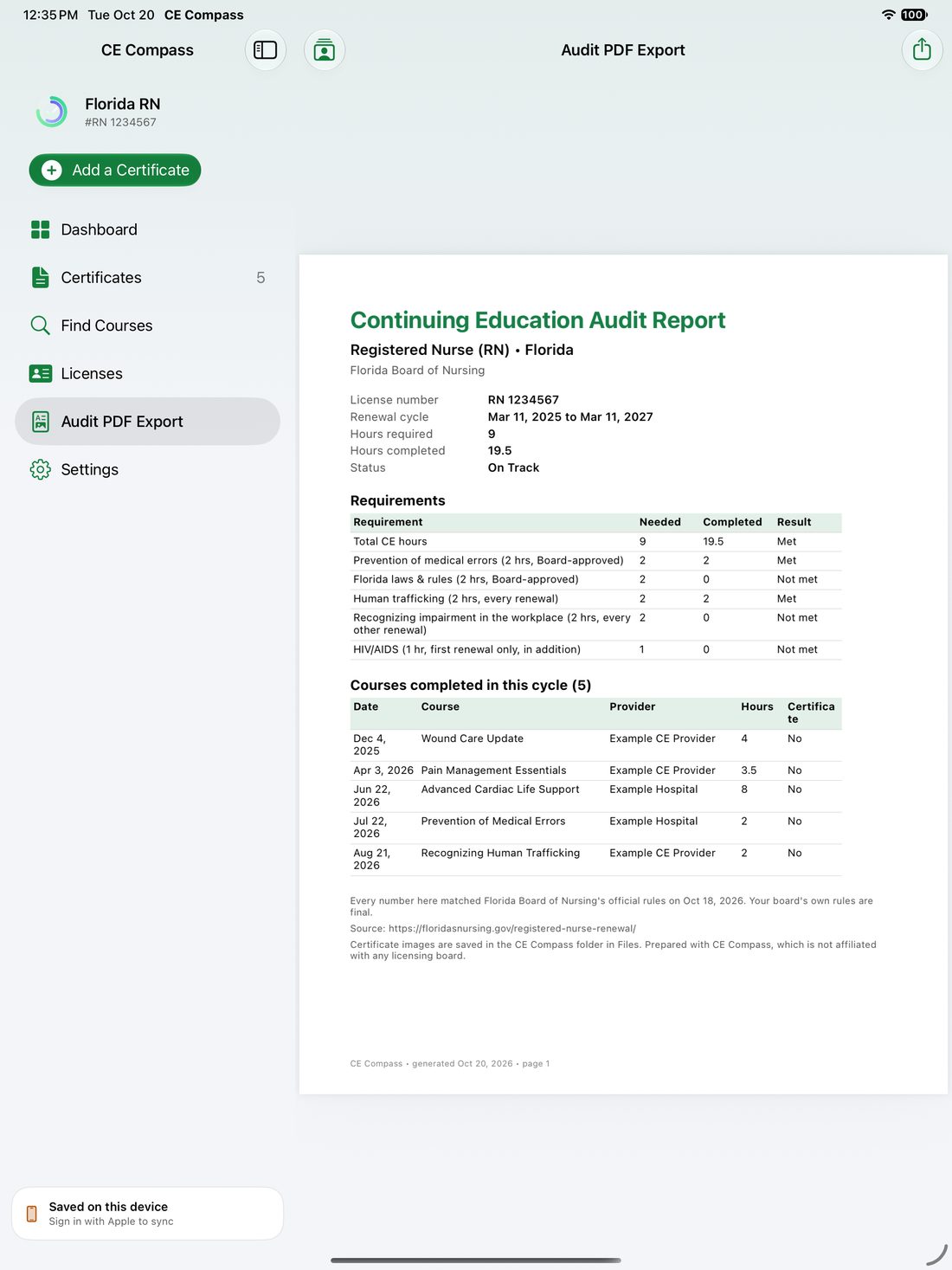 Audit PDF export on iPad showing a Florida RN report